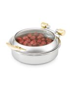 Vollrath 46124 6 qt. Intrigue Glass-Top Round Stainless Steel Induction Chafer with Brass Trim
