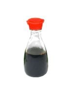 Soy bottle with glass body and red top