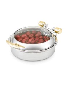 Vollrath 46124 6 qt. Intrigue Glass-Top Round Stainless Steel Induction Chafer with Brass Trim