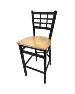 Oak Street Window Pane Back Commercial Barstool with Metal Frame | Wood Seat