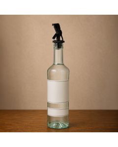 Black Plastic Roll Top Liquor Pourer with Weighted Flap and Eva Cork - shows on the liquor bottle