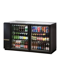 60" back bar cooler with two glass swing doors. The True TBB-24GAL-60G-LD has a black vinyl exterior sides, galvanized steel top and glass front with LED lighting