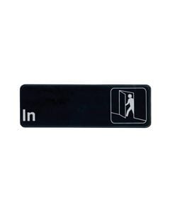 "In" black and white restaurant directional sign